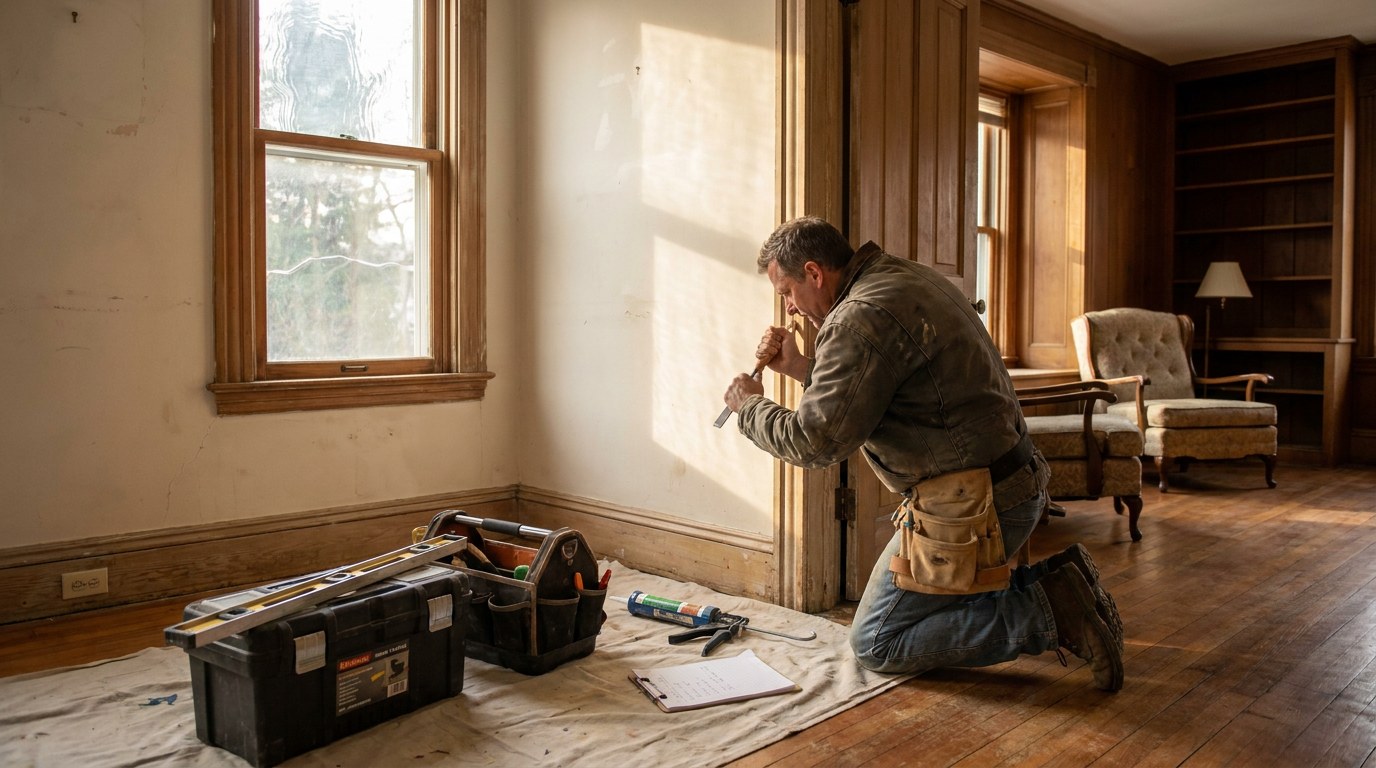 Handyman working in an older New England home in Woonsocket Rhode Island Providence County punch list repairs trim carpentry