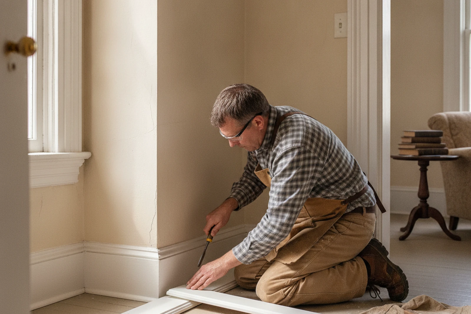 Handyman trim repair in older pre-1940 New England home Woonsocket Rhode Island Providence County Dave mill-era