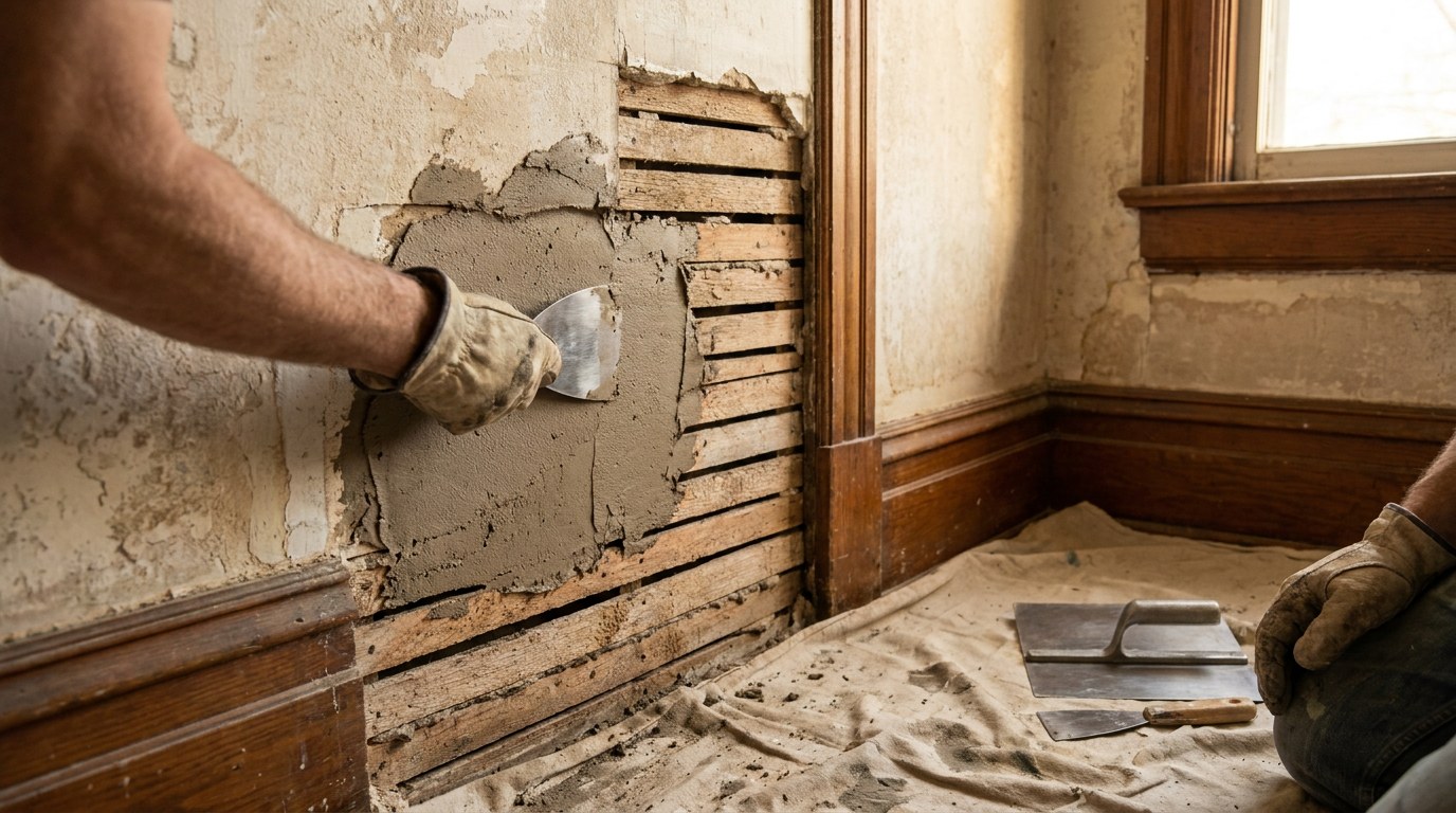Plaster wall patching repair in an older pre-1940 home in Woonsocket Rhode Island Providence County northern Rhode Island handyman