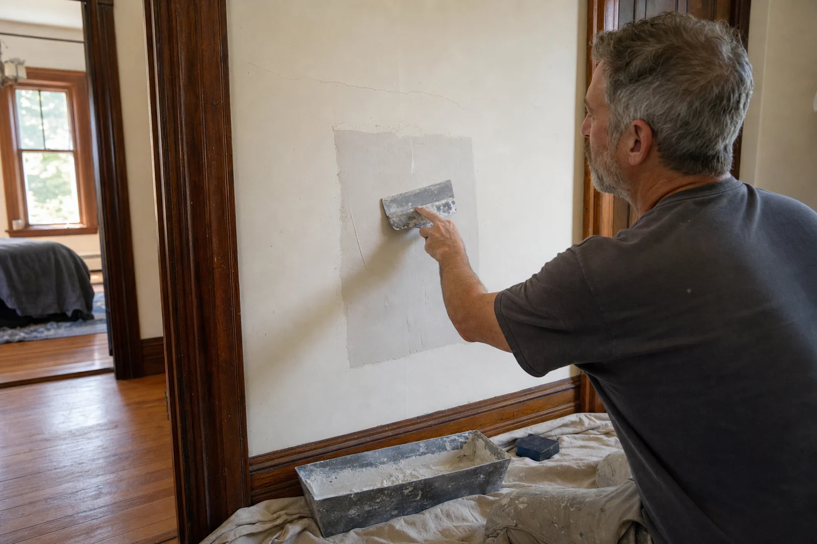 Handyman skim coating a realistic plaster wall patch in an older Woonsocket Rhode Island home with original wood trim